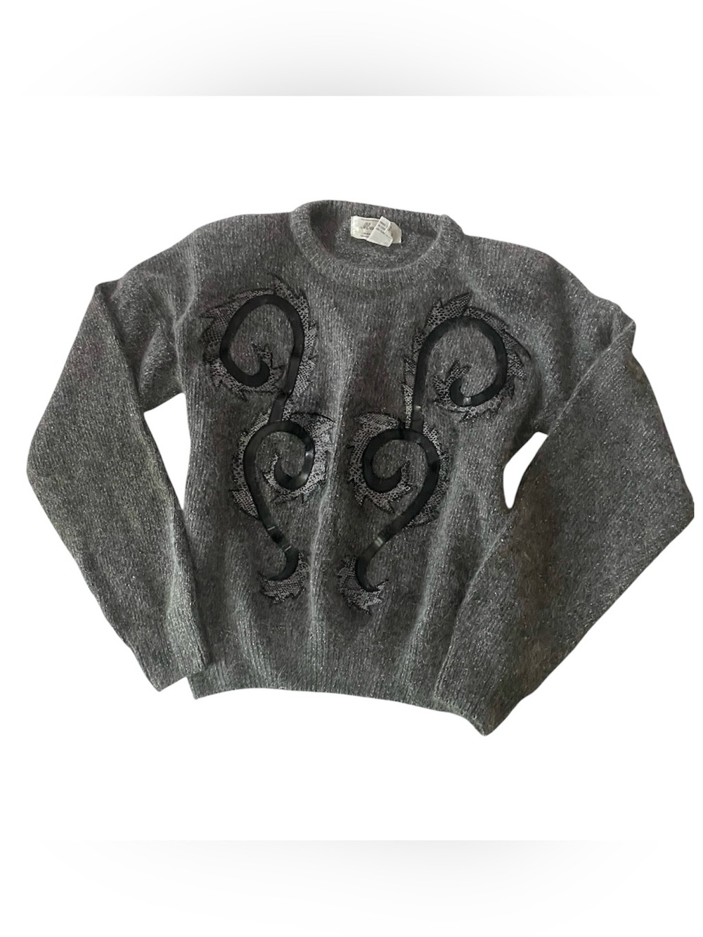 Vintage Margules Angora Silk Blend Sweater Gray Scroll Shoulder Pad Korea S